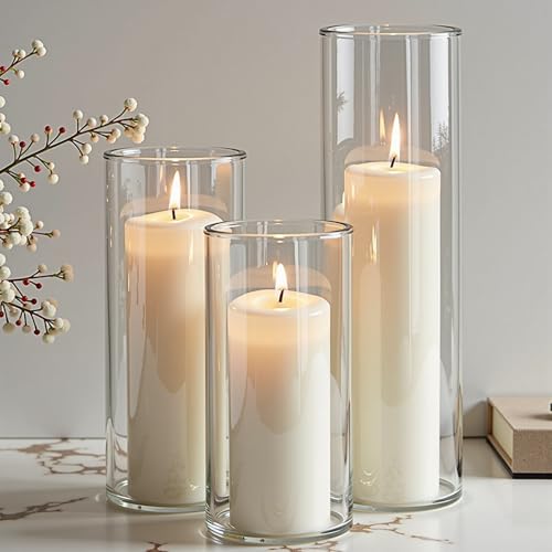 Mavelune 24-Pc White Pillar Candles & Clear Hurricane Glass Candle Holders
