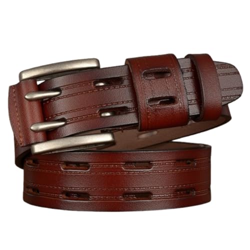 Mens Womens Double Prong Fully Adjustable Leather Grommet Holes Belt Embossed Strap Heavy Duty Leather Roller Buckle