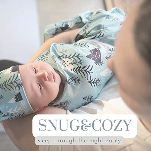 Image of Newborn Swaddle Sets with Beanie and a Name Card Baby Snug Wrap Receiving Blanket for Baby Boys Girls (Mountain&Tree)
