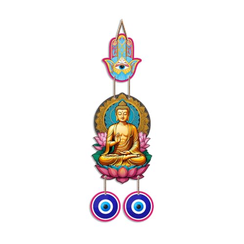 Image of Artvibes Buddha Lotus Wall Hanging with Hamsa Hand & Evil Eye Charms | Decorative Spiritual Hanging for Positive Energy | Wooden Home Decor for Living Room | Office | Religious Art Gift (WH 8597N)
