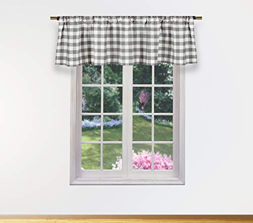 Bathroom And More Collection Kingston Plaid Gingham Checkered Curtain Valance Set for Small Kitchen Window, Cafe, Bath, Laundry or Bedroom, 58 X 15 Inch, Gray