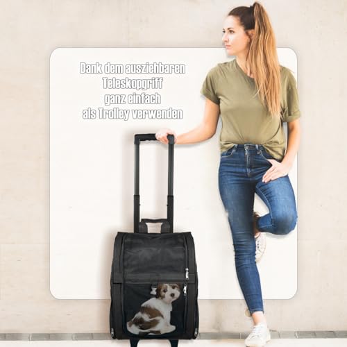 2IN1 Transporttasche mit Rollen bis 15kg Rucksack Trolley Hund Katze Hunderucksack Tasche (Schwarz)