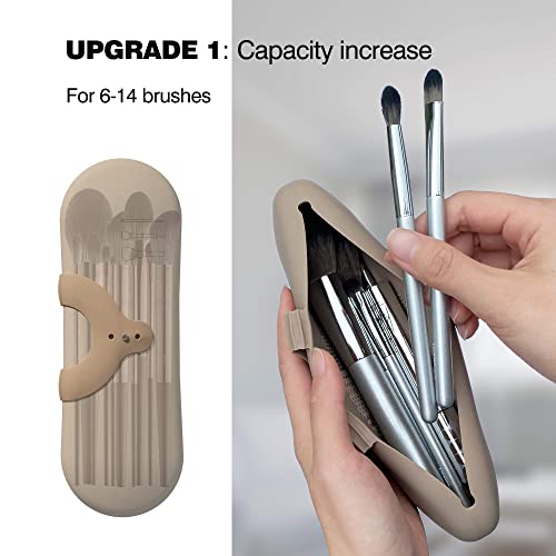Dikdoc Travel Makeup Brush Holder - Update 3 Size Adjustable Large Travel Essentials Cosmetic Pouch With Cleaner, Anti-Fall Silicon Travel Toiletry Bag, Sleek Makeup Tools Organizer For Travel(Greige) #TOP1