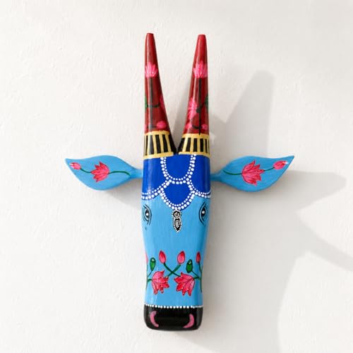 Image of Framing Hub - Handcrafted Multicolor Wooden Cow Head Wall Hanging | Ethnic Indian Wooden Art | Decorative Animal Face Mask for Home Decor | Nandi Style Painted Wall Sculpture