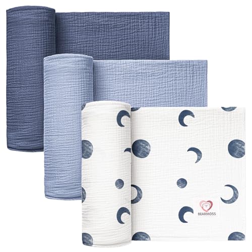 Image of Bearmoss Muslin Swaddle Blankets 100% Cotton Large Baby Swaddle Blankets 47x47in, Super Soft Breathable Receiving Blankets for Unisex Baby Boys Girls (Blue Moon)