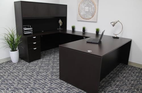 Boss Office Products Holland Executive U-Shape Desk with File Storage Pedestal and Hutch, 66", Mocha