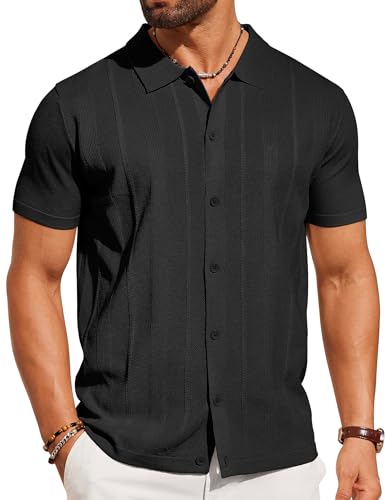 COOFANDY Mens Knit Shirt Short Sleeve Button Down Shirts Casual Summer Beach Vintage Polo Shirts,Black,Medium
