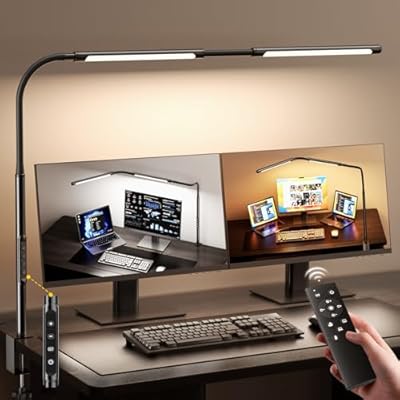 LED Desk Lamp for Home Office, Eye-Caring Desk Light with Adjustable Gooseneck, Dual Screen Computer Monitor Light with Stepless Dimming, Stepless Color Temp, Memory Function for Study, Workbench