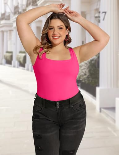 Image of FOREYOND Plus Size Bodysuits for Women Short Sleeves Square Neck Body Suit Tops Casual Basic Slim Fit Shirts Leotards