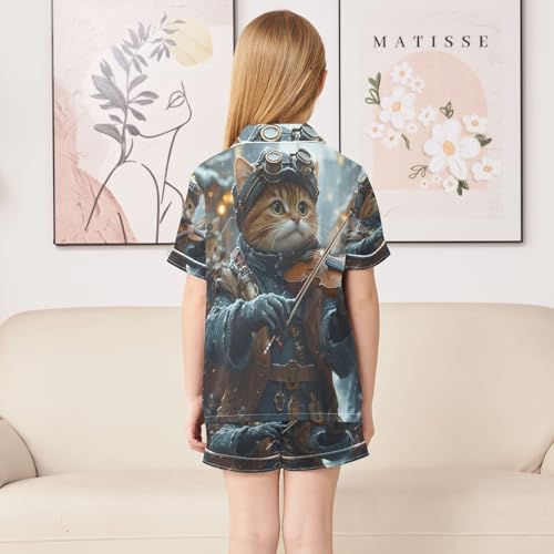 ALAZA Cat Violin Music Satin Pajamas Set Short Sleeve Button Down Sleepwear Summer Pjs 2 Piece4