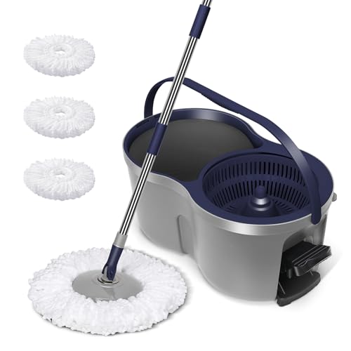 MASTERTOP Seau Essoreur à Pédale et Balai à Franges en Microfibre, Balai Serpillère Rotatif à 360° et Seau avec Manche Long pour Nettoyage de Sol, 3 Tampons