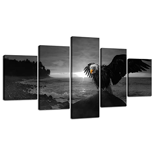 Flying Eagle Pictures Wall Art Black And White Bald Eagle Wall Decor Animal Canvas Print Ocean Rock Painting Poster Framed Office Home Living Room Decoration 5 Panel Ready To Hang(60''Wx32''H) #TOP13