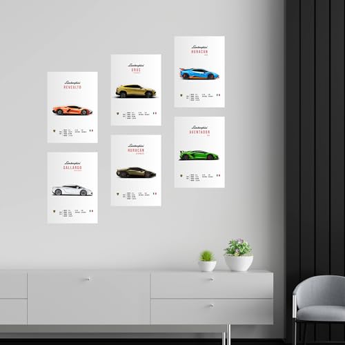 CodersParadise Lambo Wall Posters 8x12 Inch (A4) | Premium Sports Car Prints, Luxury Car Wall Art for Bedroom | Living Room, Office & Garage, Glue Dots Included – Pack of 6