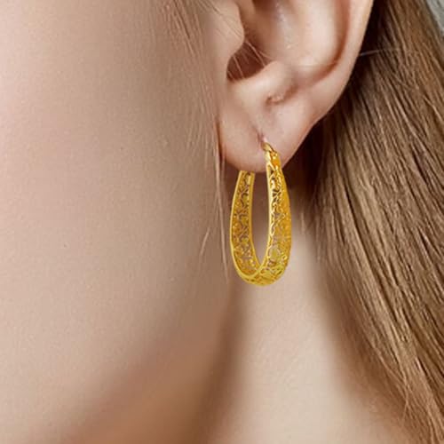 Dwen W 14K Gold-plated oval filigree hoop earrings retro-style hypoallergenic gift2