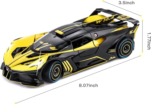 Image of 1:24 Bugatti Bolide Diecast Car Toy, Alloy Pull Back Model with Lights and Music, Realistic Toy Vehicle for Kids, Boys, Girls, Perfect Birthday (Yellow)