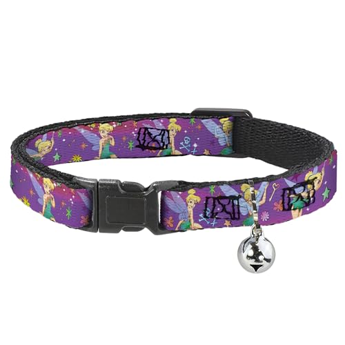 Image of Cat Collar Breakaway Tinker Bell Poses Flowers Stars Skull Purple 8 to 12 Inches 0.5 Inch Wide