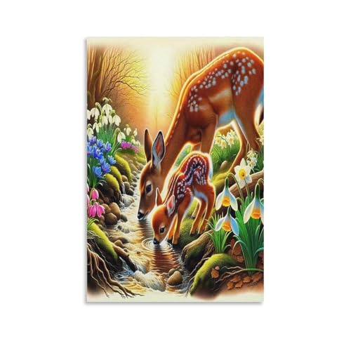 DFENILROP Madre y Bebé Cuadro De Pared, Ciervo Bonito Family Poster Obra Arte Colgado | Impresión Lienzo Murales, Hermoso Pintura Decor De Hogar Para Dormitorio Pasillo Regalo 16x24inch(40x60cm)