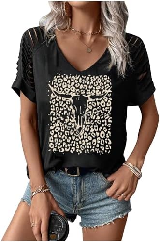 Rock Band T-Shirt for Women V-Neck Country Music Short Sleeved Shirt Retro Nashville Guitar Graphic Hollowed Tee Tops