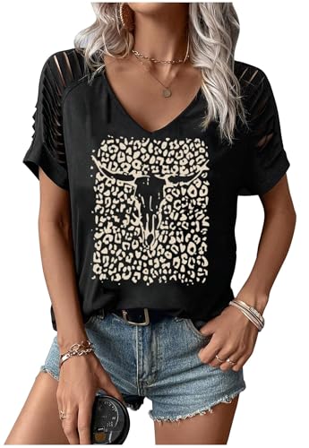 Rock Band T-Shirt for Women V-Neck Country Music Short Sleeved Shirt Retro Nashville Guitar Graphic Hollowed Tee Tops