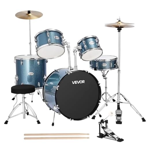 Condizionatore VEOVR Batteria per Principianti da 5 Pezzi da ca. 559 mm, Batteria per Principianti con Sgabello Regolabile, Piatto e Due Paia di Bacchette, Kit di Strumenti Musicali per l'Apprendimento, Blu Ghiaia