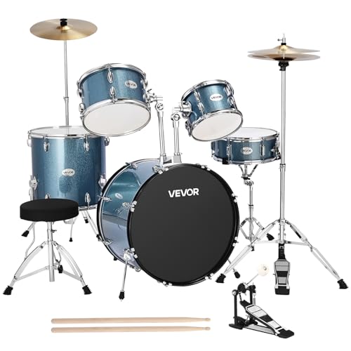VEVOR Schlagzeug-Set, 5-teilig, Drum Kit mit Bass, Snare, Tom-Toms, Standtom, Crash-Becken, Hi-Hat, Musik-Lern-Instrumentenset, für Anfänger, Jugendliche und Schüler (Kiesblau)