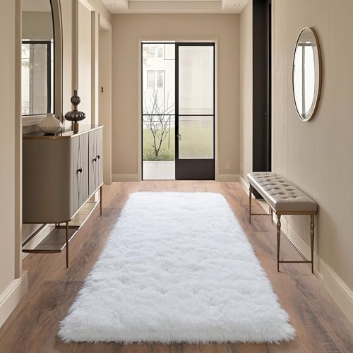 White Fluffy Rugs for Living Room 2x6 ft - Ultra Soft Faux Fur Area Rug - Plush Non-Slip Shaggy Carpet for Bedroom, Kids Boys Girls Dorm Nursery Room