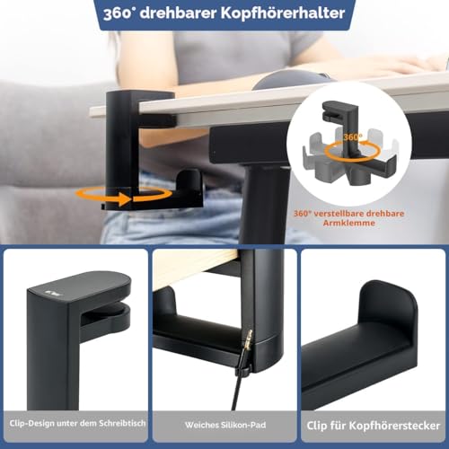 KIWIFOTOS Kopfhörer Ständer Kopfhörerhalter mit 360° drehbarem Headset Halterung Halter, Headphone Stand Schreibtisch Kopfhöreraufhänger Kopfhörer Clip Gaming Headset Halterung - Schwarz