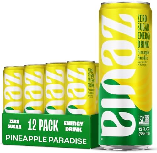 Zevia Zero Sugar Energy Drink, Pineapple Paradise, 12 oz Cans (12-Pack) โ Naturally Sweetened, Non-GMO Project Verified, Gluten-Free, Vegan
