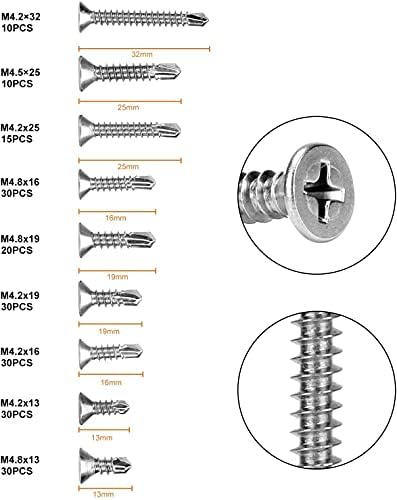 WELLOCKS Self Drilling Screws M4.2 M4.5 M4.8 Flat Head 13-32mm Length Stainless Strong Tek Screws Self Driller Assortment Kit Set with Storage Box for Attaches Sheet Metal Steel 205 Pcs (D134)