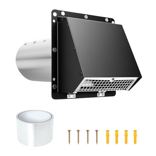 4 Inch Galvanized Steel Hooded Dryer Vent Cover Outside with Screen and Backdraft Damper, Quiet Exhaust Wall Vent, Easy Installation for Kitchen, Bathroom, Dryer and HVAC Ventilation Black