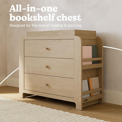 Image of Graco Read-with-Me 3 Drawer Chest with Bookshelves and Removable Changing Topper - GREENGUARD Gold Certified, Nursery & Kids' Bedroom Wood Chest with Spacious Storage (Driftwood)