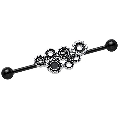 Body Candy Black Plated Stainless Steel Steampunk Gears Helix Earring Industrial Barbell Piercing 14 Gauge 36mm