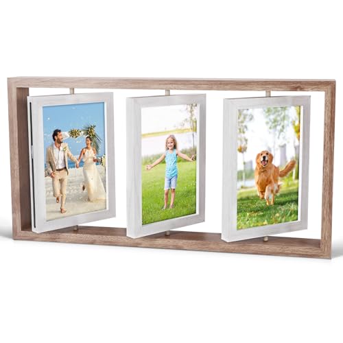 6x4 in Rotating Photo Frame, Double-Sided Wooden Collage Picture Frame Collage 6 Photos Display, Brown Multi Photo Frame for Family Wedding Home Office Bedroom Decor & Gifts