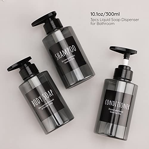 Image of Empty Shampoo Bottles, Segbeauty 10.1oz Plastic Pump Dispenser Bottle, 3pcs 300ml Refillable Shampoo Pump Bottles for Shower, Grey Pump Bottles for Body Soap Shampoo Hair Conditioner Hotel Bathroom