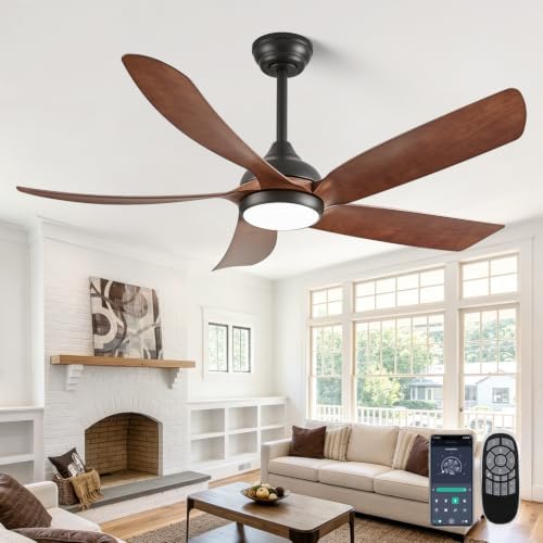 Styloravive 52" Modern Farmhouse Ceiling Fan with Lights and Remote Control, Matte Black and Wood Grain Indoor Outdoor Fan with Dimmable LED, Quiet DC Motor for Living Room, Bedroom & Patio