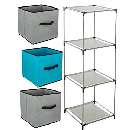 ID SPACE Ensemble de 4 pièces : 1 Meuble de Rangement étagère casier + 3 Boîtes de Rangement tiroirs - Coloris Bleu Turquoise et Gris