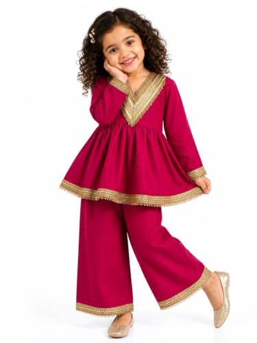 Image of JAGGU Girls Ethnic Kurta Palazzo Set | Kids Traditional Dress | Full Sleeve Peplum Kurti with Wide Leg Palazzo | Festive, Wedding & Party Outfit for Girls (Hot pink)
