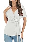 Womens Summer White Wrap V Neck Short Sleeve Tops 2026 Trendy Ladies Spring Casual Cute Front Tie Knot Waist Batwing Dolman Asymmetrical Ryuched Shirts Blouses