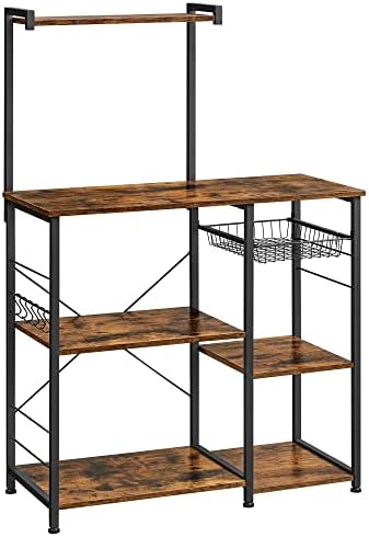 VASAGLE Baker's Rack, Microwave Stand with Wire Basket, 6 Hooks, and Shelves, for Spices, Pots, and Pans, 15.7 x 35.4 x 52 inch, Rustic Brown + Black