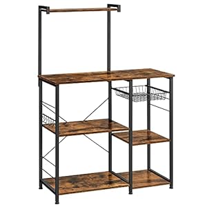 VASAGLE Baker’s Rack, Microwave Stand, Kitchen Storage Rack with Wire Basket, 6 Hooks, and Shelves, for Spices, Pots, and Pans, Rustic Brown and Black UKKS35X