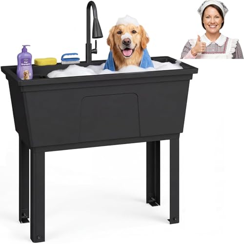 Freestanding Double Utility Sink with Pull-Out Faucet, Black
