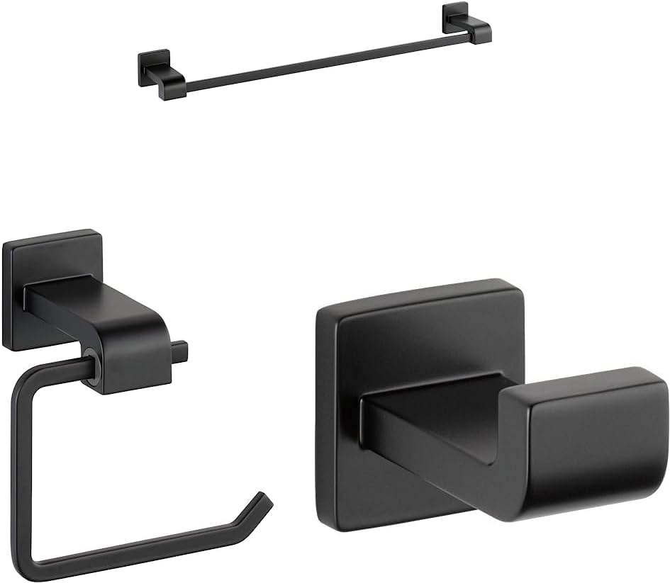 DELTA 77524-BL Ara -Towel Bar, 24 Inch, Matte Black, 24 Count & Ara Toilet Paper Holder, Matte Black, Bathroom Accessories, 77550-BL 3.46 x 6.22 x 6.22 Inches & 77535-BL Ara Robe Hook, Matte Black