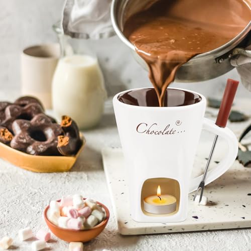 Wvu & Wvo 200 ml ceramiczny zestaw do fondue czekoladowego, kubek do topienia czekolady, fondue, widelec i podgrzewacz, do sera, czekolady, masła, karmelu