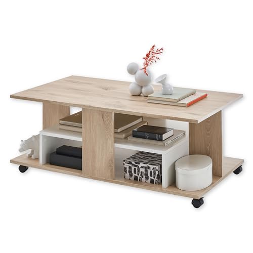 Marti Couchtisch auf Rollen in Rima Oak Optik, Weiß - Mobiler Sofatisch für Ihr Wohnzimmer - 110 x 42,5 x 60 cm (B/H/T)