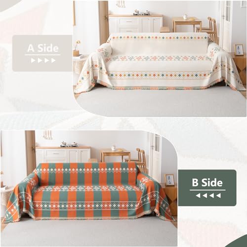DREAMINGO Couch Cover Boho Washable Sofa Covers for 3 Cushion Couch Geometric Jacquard Chenille Couch Cover Blanket Bohemian Style Living Room Sectional Couch Protector, Beige, 71"x134" — view 2