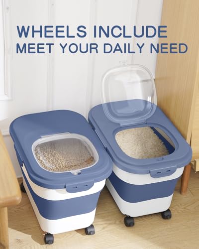 DDMOMMY 20-30 Lbs Rice Storage Container,Collapsible Food Storage Containers with Rolling Wheel Airtight Locking Lid,Flour Storage Container with Cup and Scoop,Suitable for Food,Rice,Pet Food,Flour