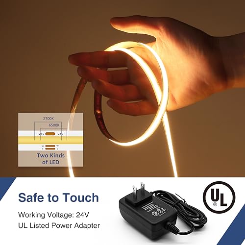 Image of COB LED Strip Light White Dimmable 16.4FT 24V 2700K-6500K, COB Light Strip Tape with RF Remote 3200 LEDs CRI93+ for Kitchen Under Cabinet Bedroom Mirror Indoor Home Daylight Warm White