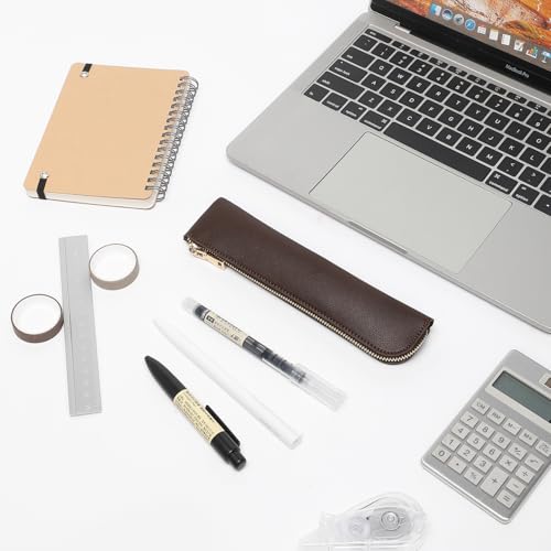 Image of Faux Leather Pencil Case Small Pencil Pouch Slim Pen Case Holder Zipper Bag for School Office(Dark Brown)