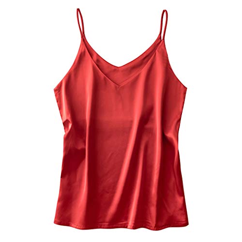 LATINDAY Womens Silk Satin Camisole Cami Plain Strappy Vest Top T-Shirt Blouse Tank Shirt V-Neck Spaghetti Strap Red