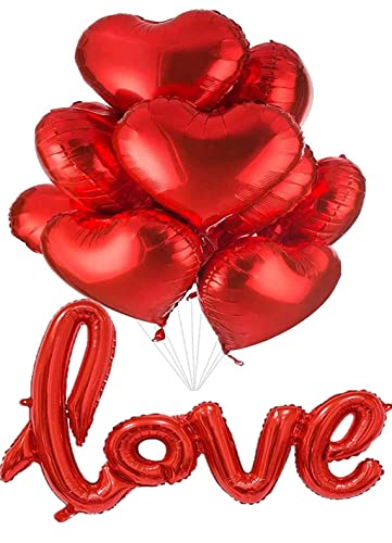 Image of HK Balloons Heart Shaped Balloon Birthday, Anniversary, Valentine Balloons for Decoration, (Love With Red heart foil Balloons -Pack of 11)